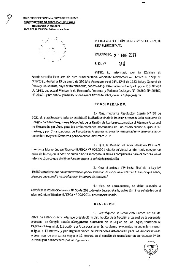 Res. Ex. N° 94-2021 Rectifica Res. Ex. N° 50-2021 Distribución de la Fracción Artesanal de Congrio Dorado, Región de Los lagos, Año 2021. (Publicado en Página Web 26-01-2021)