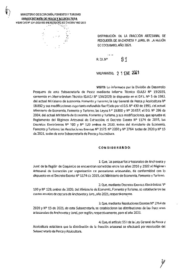 Res. Ex. N° 91-2021 Distribución de la Fracción Artesanal de Pesquería de Anchoveta y Jurel, Región de Coquimbo, Año 2021. (Publicado en Página Web 26-01-2021)