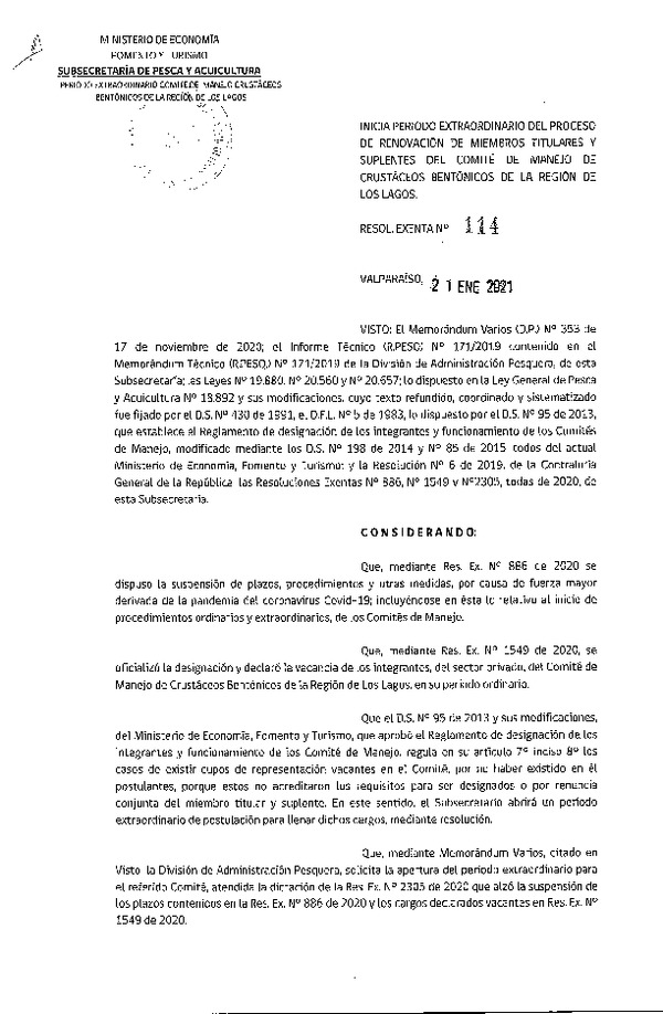 Res. Ex. N° 114-2021 Inicia Período Extraordinario del Proceso de Renovación de Miembros del Comité de Manejo de Crustáceos Bentónicos en la Región de Los Lagos. (Publicado Página Web 26-01-2021)