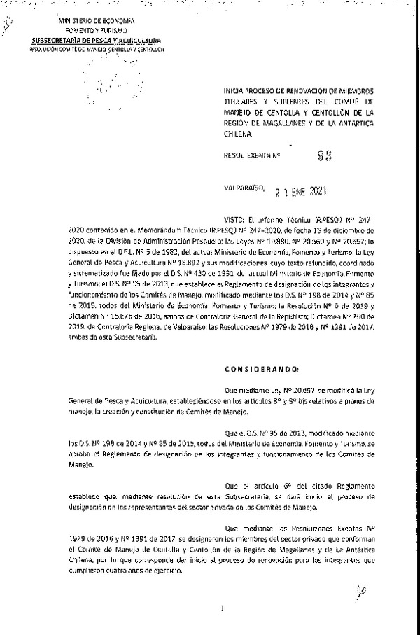 Res. Ex. N° 93-2021 Inicia de Proceso de Renovación de Miembros Titulares y Suplentes del Comité de Manejo de Centolla y Centollón de la Región de Magallanes y de La Antártica Chilena. (Publicado en Página Web 26-01-2021)