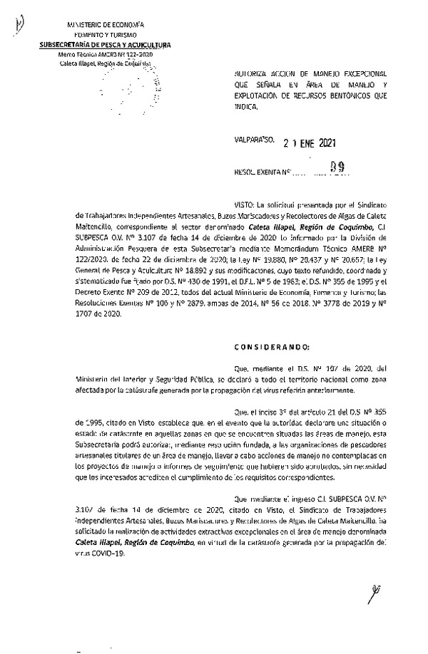 Res. Ex. N° 99-2021 Autoriza acción de manejo excepcional. (Publicado en Página Web 26-01-2021)