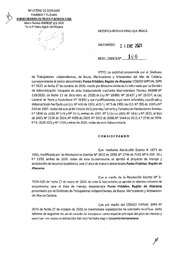 Res. Ex. N° 100-2021 Modifica Resolución que indica. (Publicado en Página Web 26-01-2021)