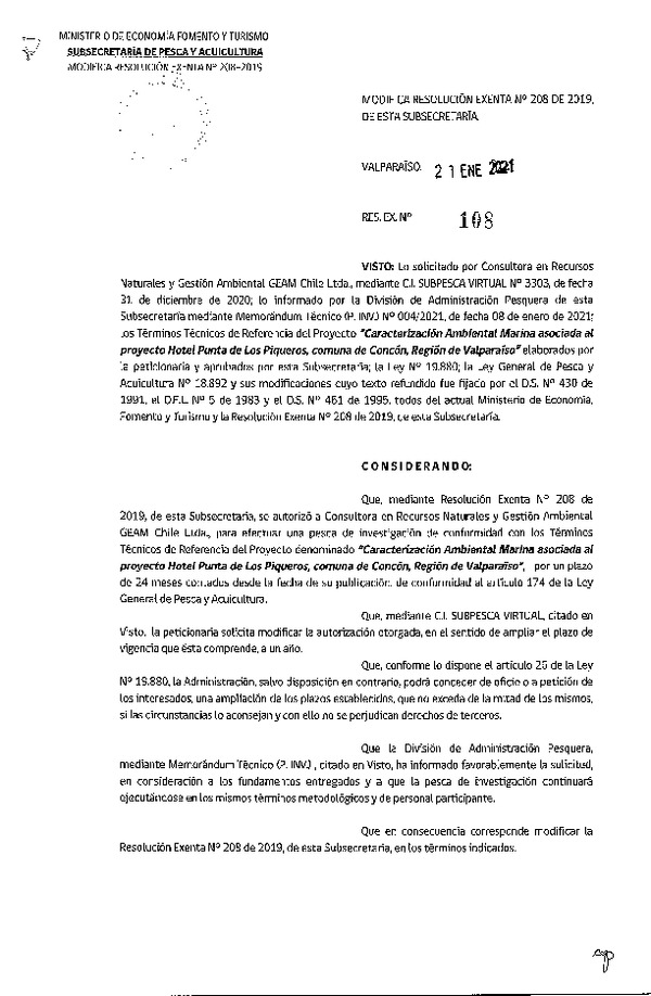 Res. Ex. N° 108-2021 Modifica Res. Ex. N° 208-2019 Caracterización ambiental marina, comuna de Concón, Región de Valparaíso. (Publicado en Página Web 26-01-2021)