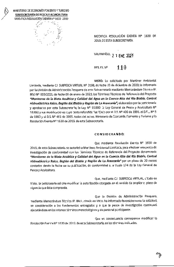 Res. Ex. N° 110-2021 Modifica Res. Ex. N° 1630-2019 Monitoreo de la biota acuática, Región del Biobío y de La Araucanía. (Publicado en Página Web 26-01-2021)