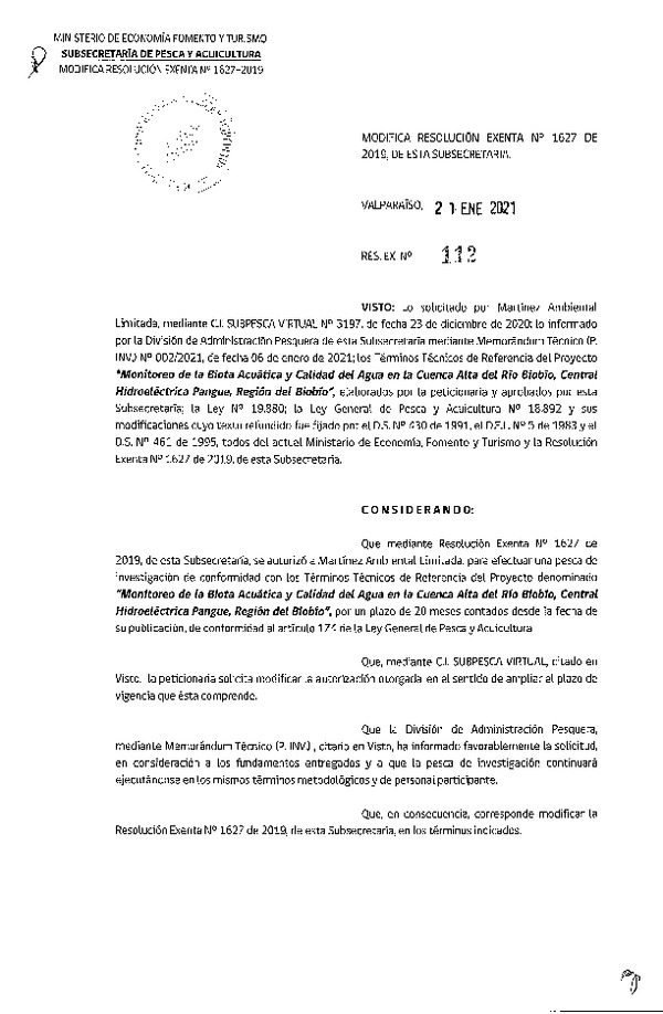 Res. Ex. N° 112-2021 Modifica Res. Ex. N° 1627-2019 Monitoreo de la biota acuática, Región del Biobío. (Publicado en Página Web 26-01-2021)