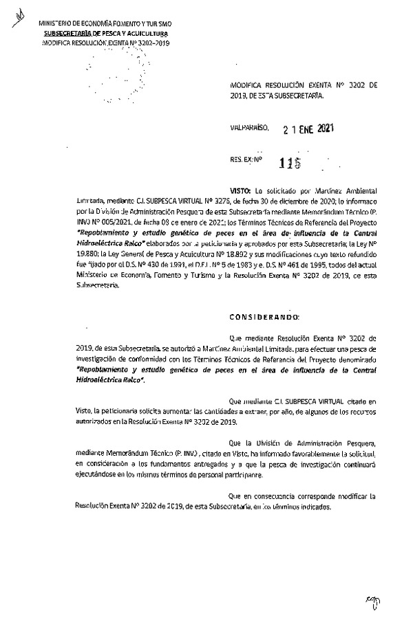 Res. Ex. N° 115-2021 Modifica Res. Ex. N° 3202-2019 Repoblamiento y estudio genético de peces en el área de influencia de la Central Hidroeléctrica Ralco.. (Publicado en Página Web 26-01-2021)