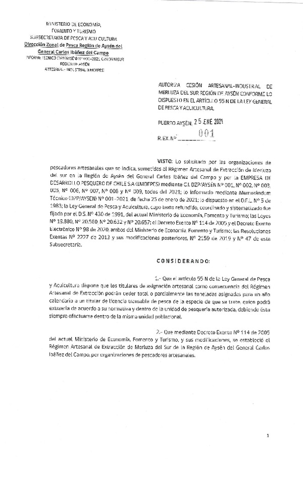 Res. Ex. N° 001-2021 (DZPA Región de Aysén) Autoriza cesión Merluza del Sur. (Publicado en Página Web 26-01-2021).