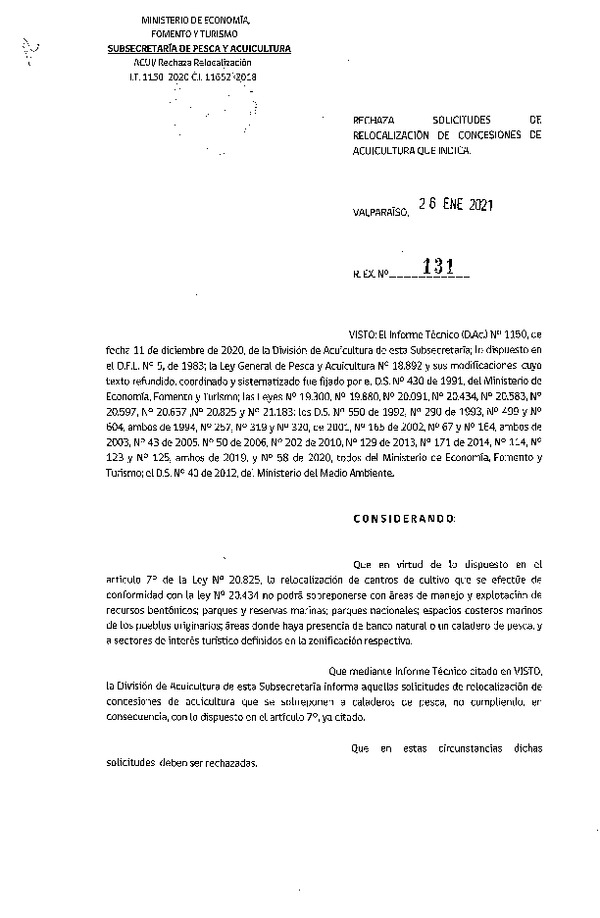 Res. Ex. N° 131-2021 Rechaza solicitudes de relocalización de concesiones de acuicultura que indica.