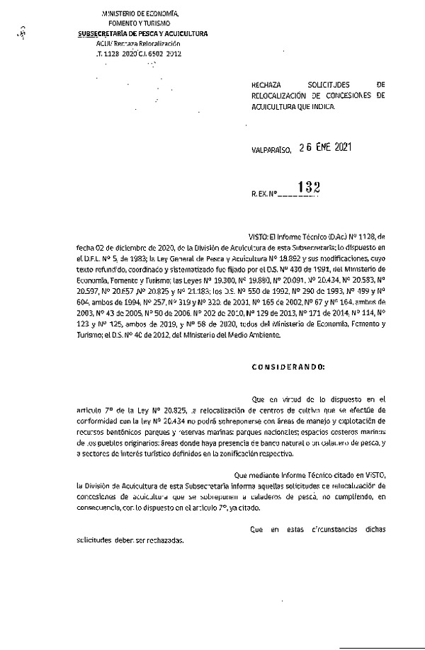 Res. Ex. N° 132-2021 Rechaza solicitudes de relocalización de concesiones de acuicultura que indica.