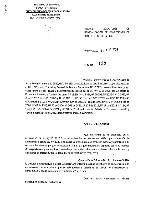 Res. Ex. N° 133-2021 Rechaza solicitudes de relocalización de concesiones de acuicultura que indica.