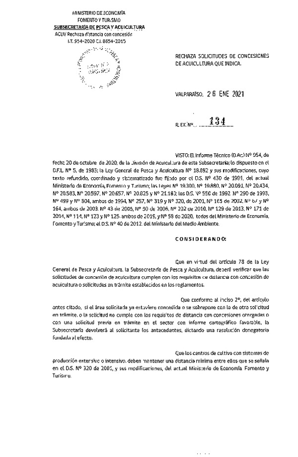 Res. Ex. N° 134-2021 Rechaza solicitudes de concesiones de acuicultura que indica.