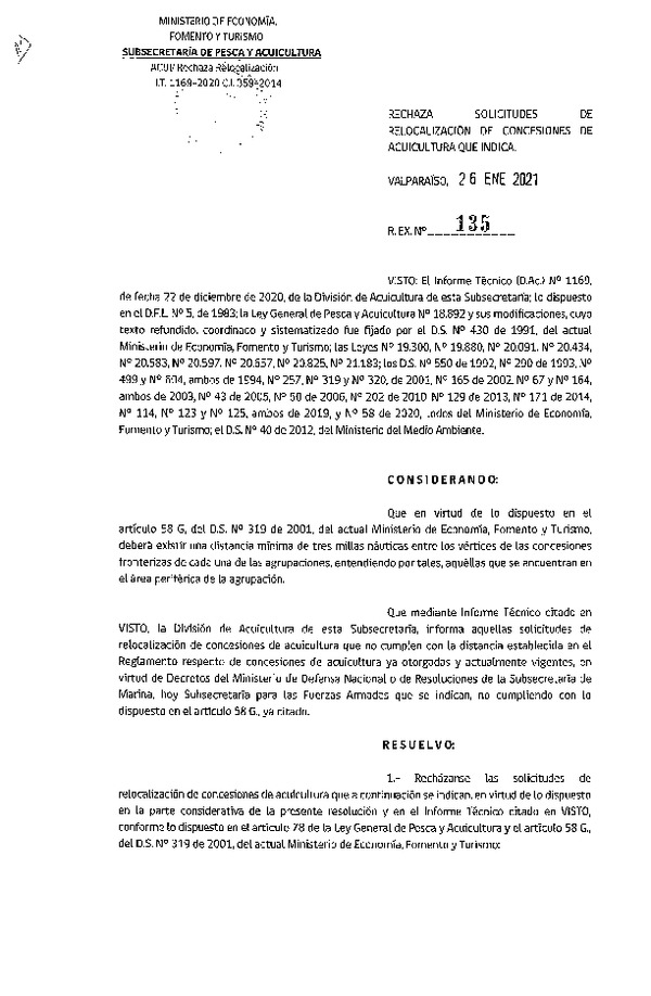 Res. Ex. N° 135-2021 Rechaza solicitudes de relocalización de concesiones de acuicultura que indica.