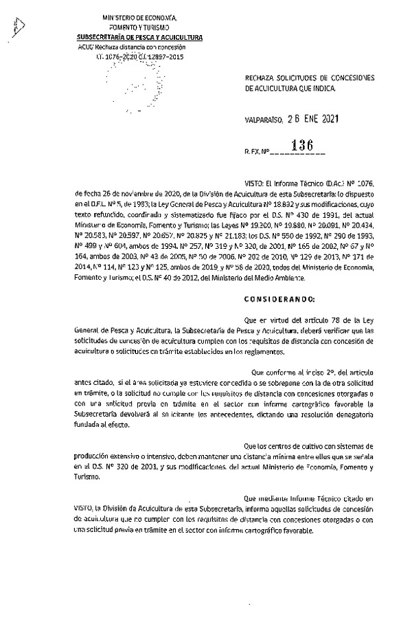 Res. Ex. N° 136-2021 Rechaza solicitudes de concesiones de acuicultura que indica.