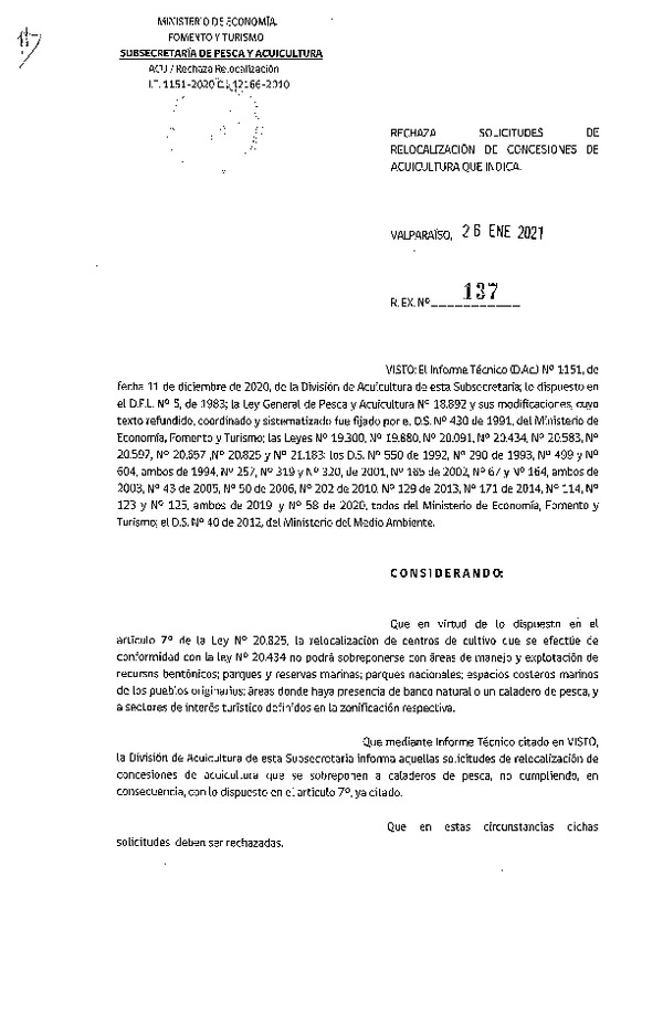 Res. Ex. N° 137-2021 Rechaza solicitudes de relocalización de concesiones de acuicultura que indica.