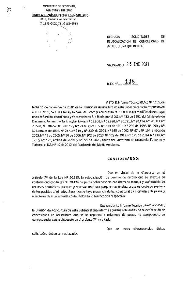 Res. Ex. N° 138-2021 Rechaza solicitudes de relocalización de concesiones de acuicultura que indica.