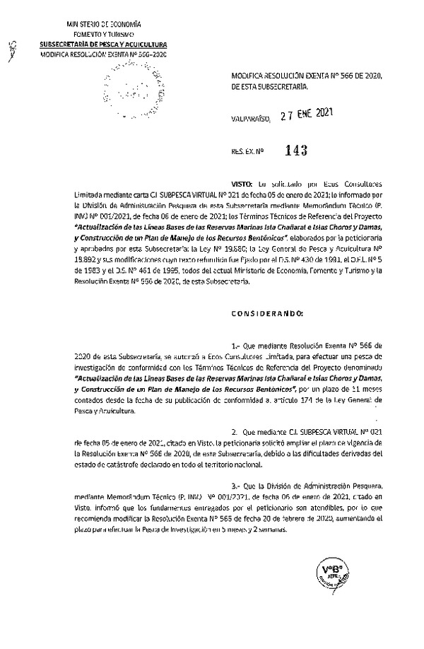 Res. Ex. N° 143-2021 Modifica Res. Ex N° 566-2020, Autoriza a Ecos Consultores Limitada, para realizar pesca de Investigación que indica (Publicado en Página Web 28-01-2021).