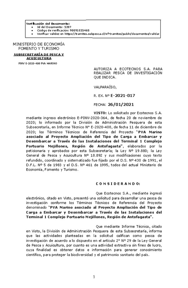 R. EX. Nº E-2021-017 PVA Marino asociado al Proyecto Ampliación del Tipo de Carga a Embarcar y Desembarcar a Través de las Instalaciones del Terminal 1 Complejo Portuario Mejillones, Región de Antofagasta. (Publicado en Página Web 28-01-2021)