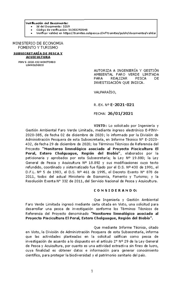 R. EX. Nº E-2021-021 Monitoreo limnológico asociado al Proyecto Piscicultura El Peral, Estero Cholguague, Región del Biobío. (Publicado en Página Web 28-01-2021)