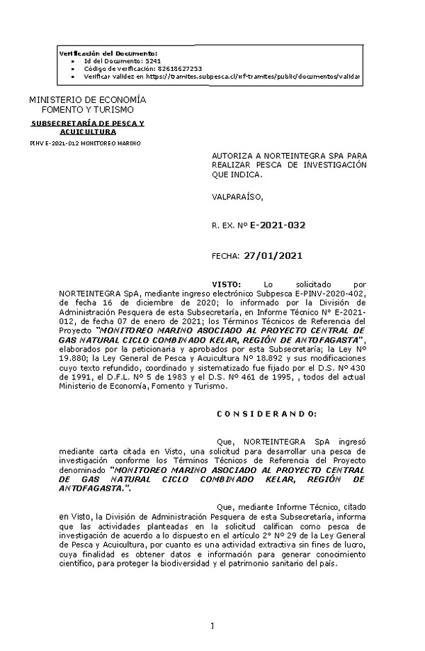 R. EX. Nº E-2021-032 MONITOREO MARINO ASOCIADO AL PROYECTO CENTRAL DE GAS NATURAL CICLO COMBINADO KELAR, REGIÓN DE ANTOFAGASTA. (Publicado en Página Web 28-01-2021)