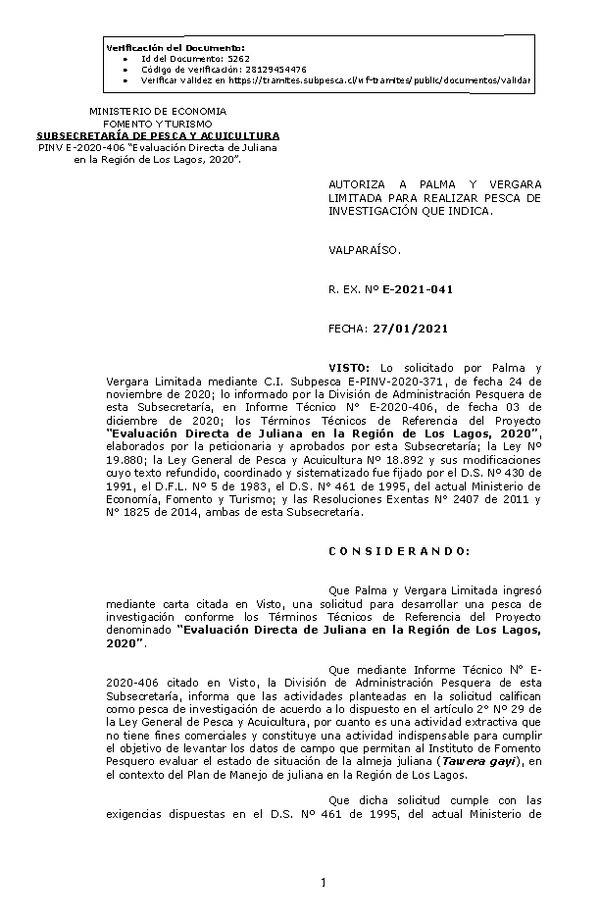 R. EX. N° E-2021-041 Evaluación Directa de Juliana en la Región de Los Lagos, 2020. (Publicado en Página Web 28-01-2021)