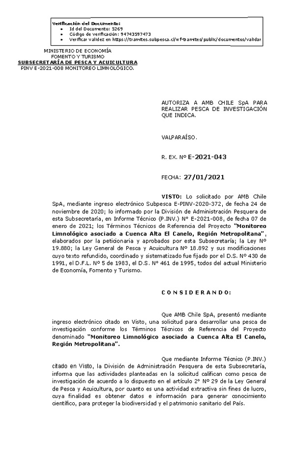 R. EX. N° E-2021-043 Monitoreo Limnológico asociado a Cuenca Alta El Canelo, Región Metropolitana. (Publicado en Página Web 28-01-2021)