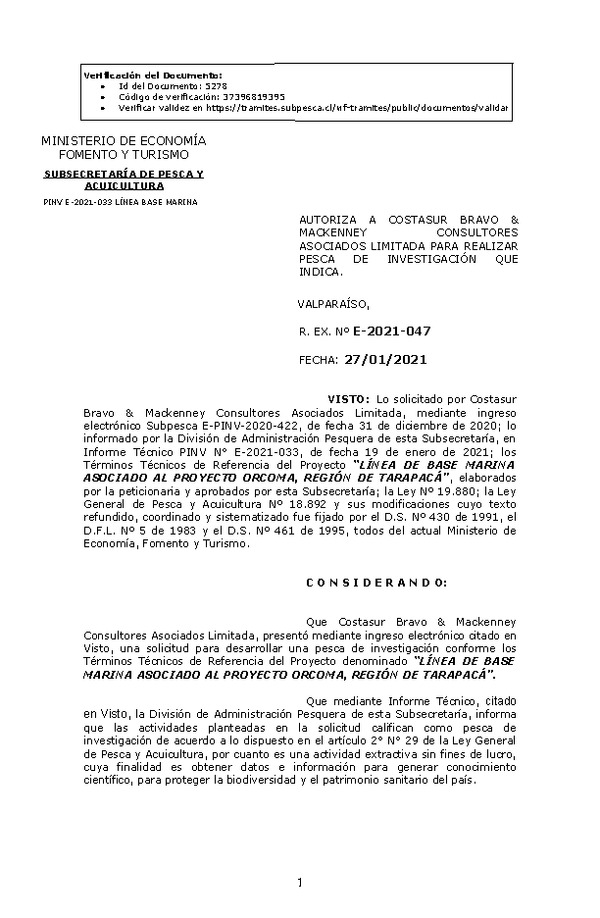 R. EX. N° E-2021-047 LÍNEA DE BASE MARINA ASOCIADO AL PROYECTO ORCOMA, REGIÓN DE TARAPACÁ. (Publicado en Página Web 28-01-2021)