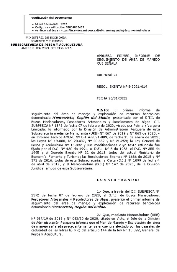 RESOL. EXENTA Nº E-2021-019 1° Seguimiento. (Publicado en Página Web 28-01-2021)