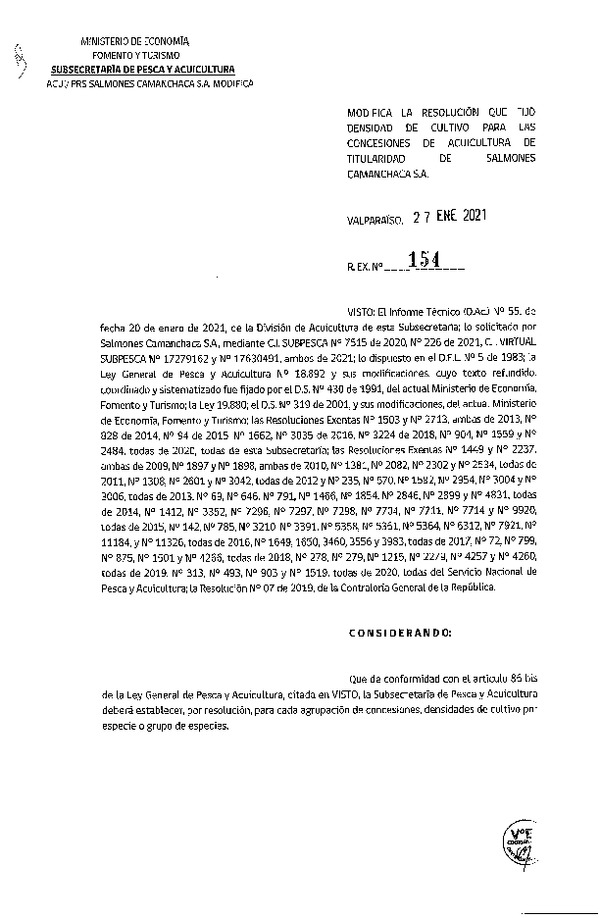 Res. Ex. N° 154-2021 Modifica Res Ex N° 1559-2020, Fija densidad de cultivo para las concesiones de acuicultura de titularidad de Salmones Camanchaca S.A. (Con Informe Técnico) (Publicado en Página Web 28-01-2021).