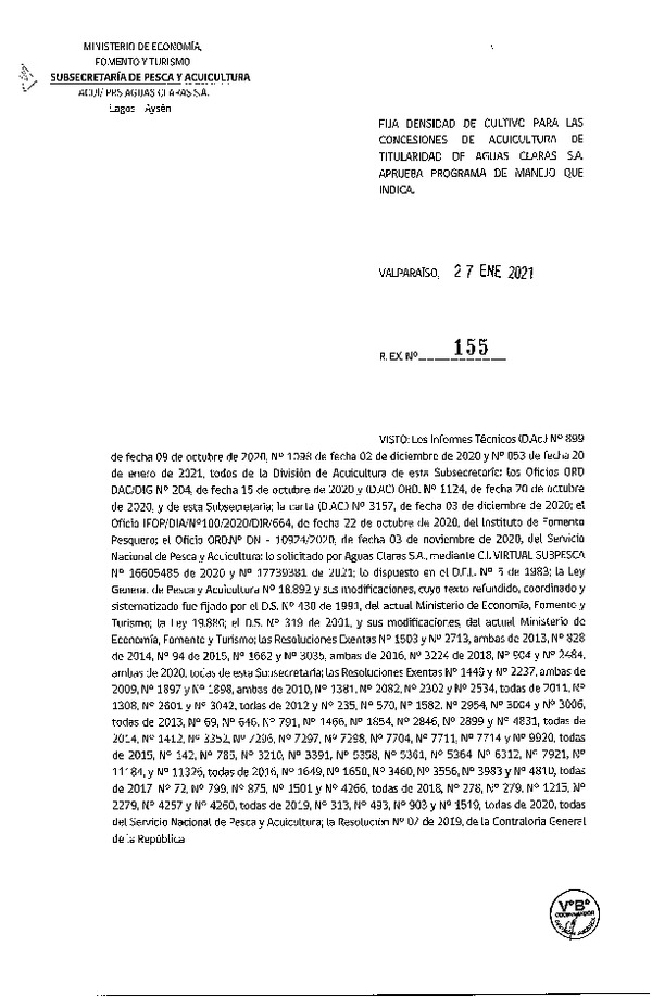 Res. Ex. 155-2021 Fija densidad de cultivo para concesiones de acuicultura de titularidad de Aguas Claras S.A. (Con Informe Técnico) (Publicado en Página Web 28-01-2021)