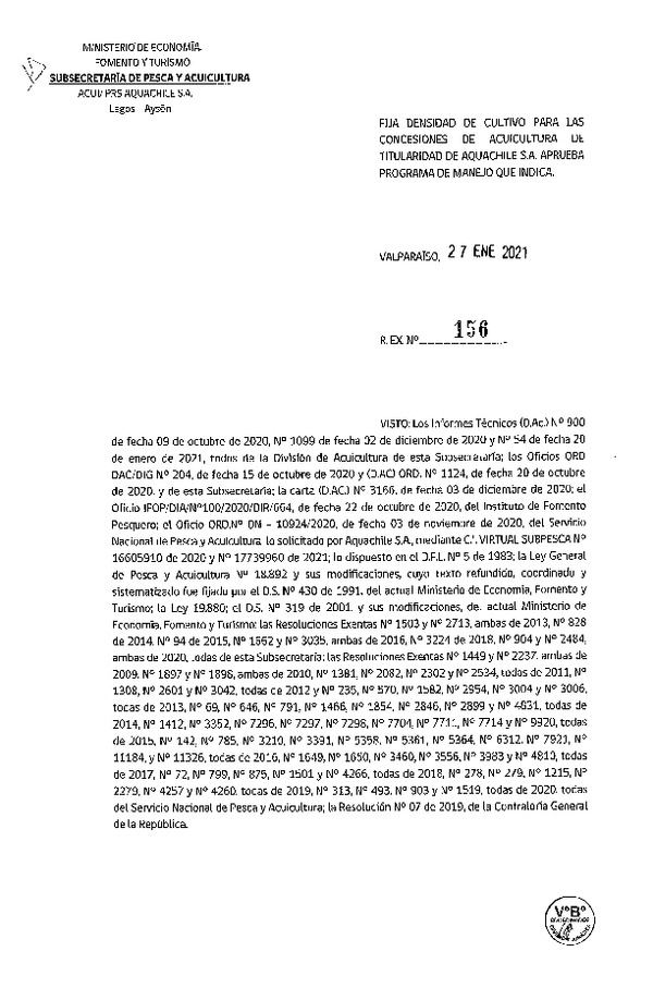 Res. Ex. 156-2021 Fija densidad de cultivo para concesiones de acuicultura de titularidad de Aquachile S.A. (Con Informe Técnico) (Publicado en Página Web 28-01-2021)