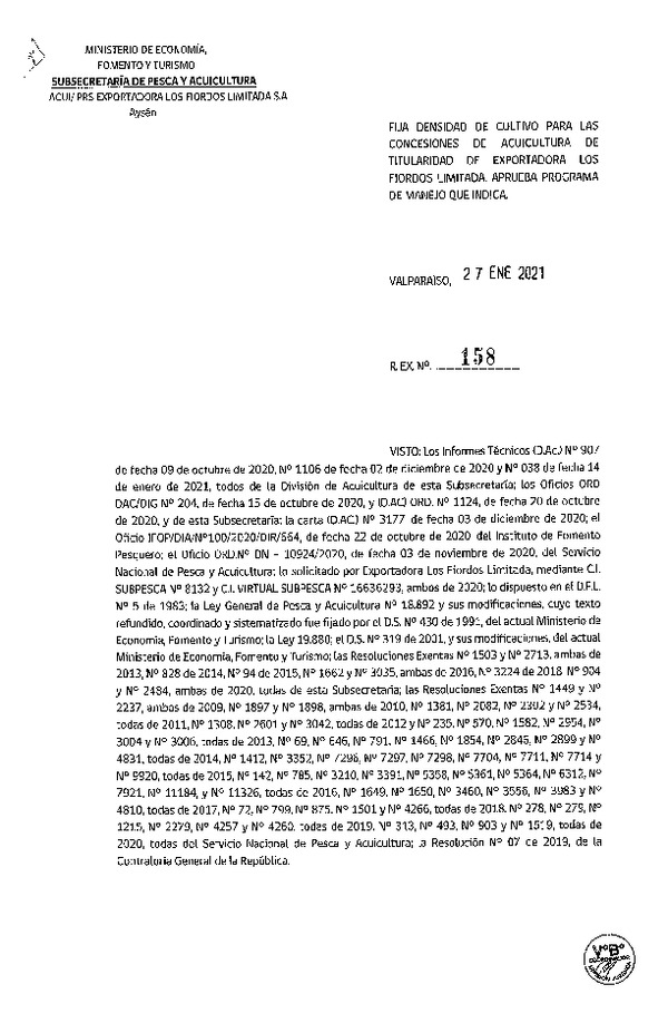 Res. Ex. 158-2021 Fija densidad de cultivo para concesiones de acuicultura de titularidad de Exportadora Los Fiordos Limitada. (Con Informe Técnico) (Publicado en Página Web 28-01-2021)