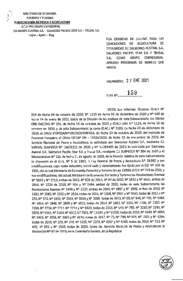 Res. Ex. 159-2021 Fija densidad de cultivo para concesiones de acuicultura de titularidades que Indica. (Con Informe Técnico) (Publicado en Página Web 28-01-2021)