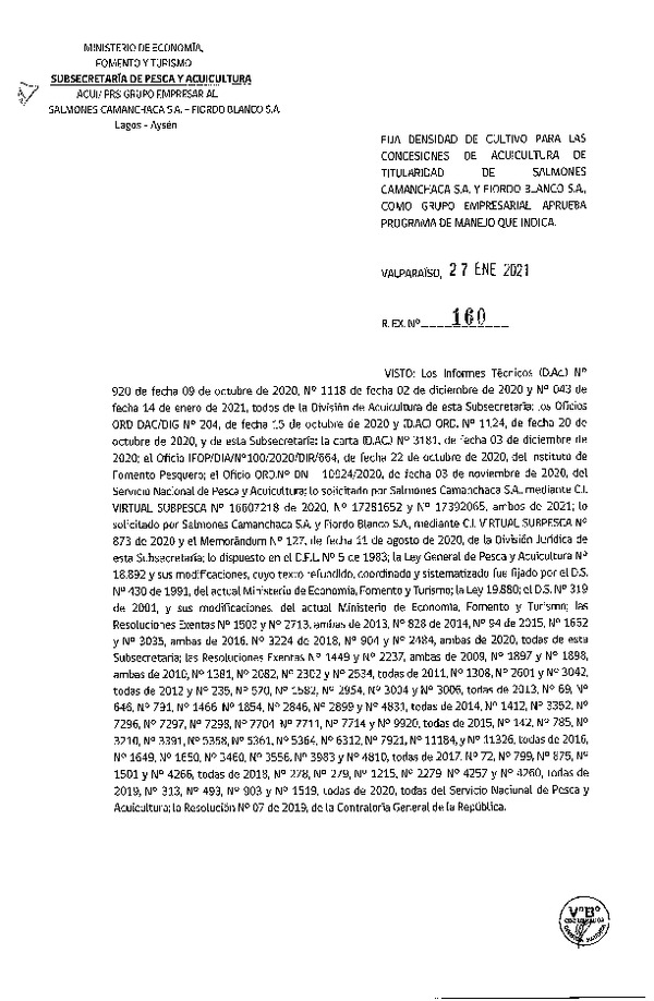 Res. Ex. 160-2021 Fija densidad de cultivo para concesiones de acuicultura de titularidad como grupo empresarial que señala. (Con Informe Técnico) (Publicado en Página Web 28-01-2021)