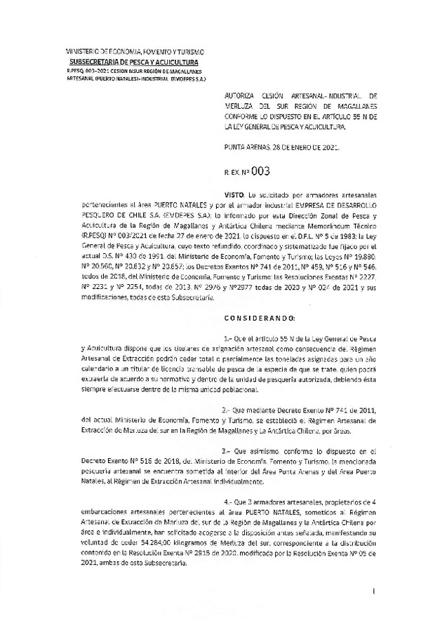 Res. Ex. N° 003-2021 (DZPA Región de Magallanes y Antártica Chilena) Autoriza cesión Merluza del sur. (Publicado en Página Web 29-01-2021)