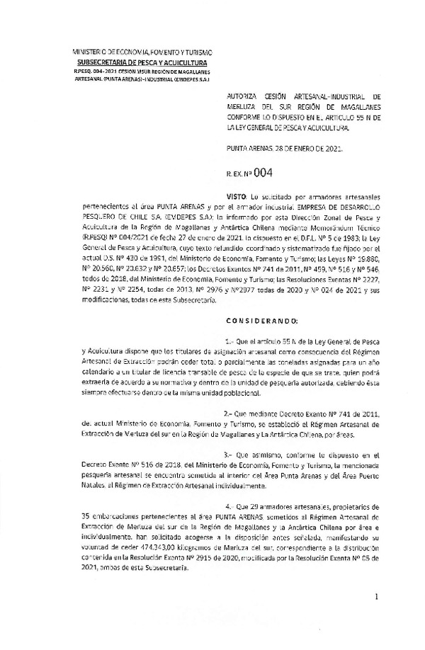 Res. Ex. N° 004-2021 (DZPA Región de Magallanes y Antártica Chilena) Autoriza cesión Merluza del sur. (Publicado en Página Web 29-01-2021)