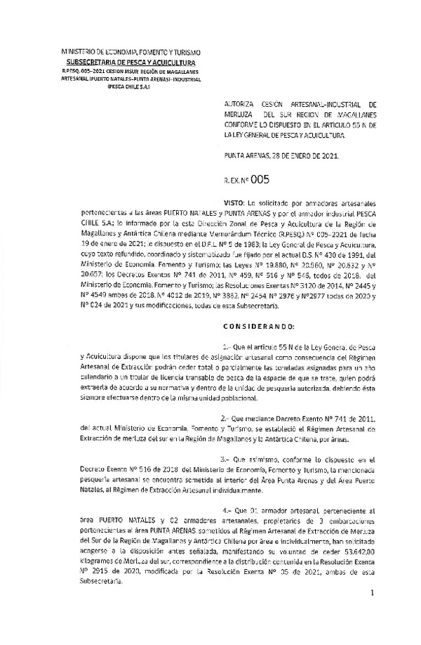 Res. Ex. N° 005-2021 (DZPA Región de Magallanes y Antártica Chilena) Autoriza cesión Merluza del sur. (Publicado en Página Web 29-01-2021)