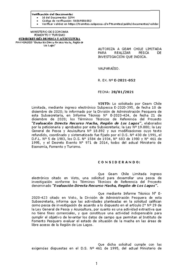 R. EX. N° E-2021-052 Evaluación Directa Recurso Macha, Región de Los Lagos. (Publicado en Página Web 29-01-2021)