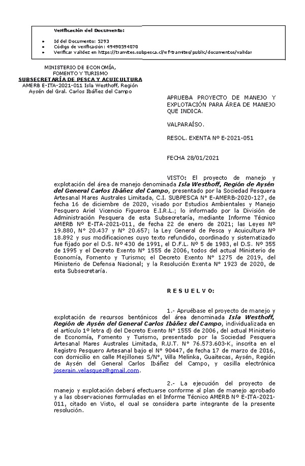 RESOL. EXENTA Nº E-2021-051  Plan de Manejo. (Publicado en Página Web 29-01-2021)