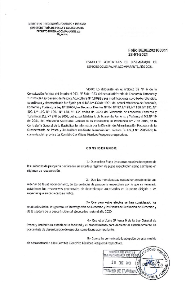 Dec. Ex. Folio 202100011, Establece porcentajes de desembarque de especies como fauna acompañante. (Publicado en Página Web 01-02-2021)