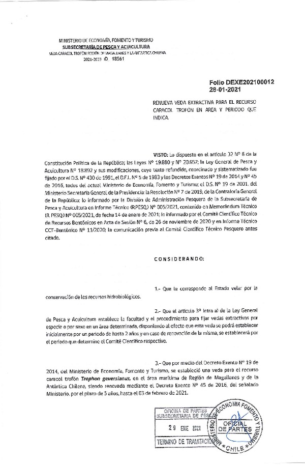 Dec. Ex. Folio 202100012, Renueva veda extractiva para el recurso Caracol Trofón en área y período que indica. (Publicado en Página Web 01-02-2021)