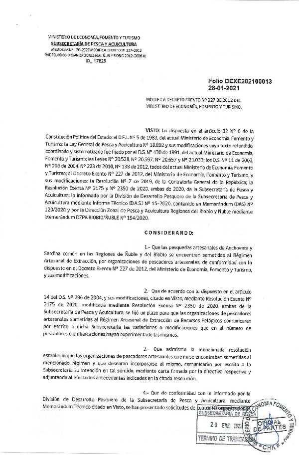 Dec. Ex. Folio 202100013 Modifica Decreto Exento N°227 de 2012 del Ministerio de Economía, Fomento y Turismo. (Publicado en Página Web 01-02-2021)