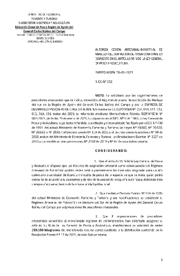 Res. Ex. N° 02-2021 (DZP Región de Aysén) Autoriza cesión Merluza del Sur.