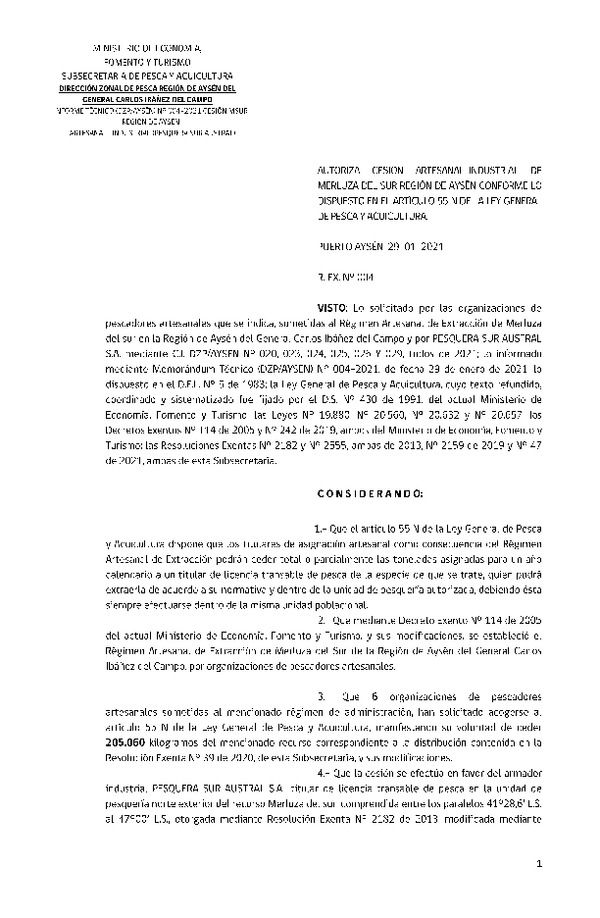 Res. Ex. N° 004-2021 (DZP Región de Aysén) Autoriza cesión Merluza del Sur.