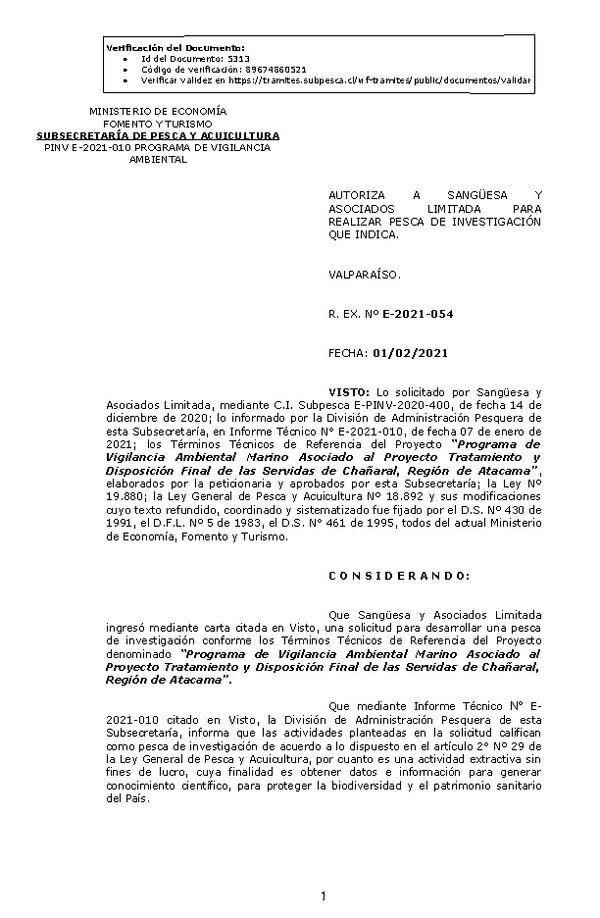 R. EX. N° E-2021-054 Autoriza a Sangüesa y Asociados Limitada para realizar pesca de investigación que indica