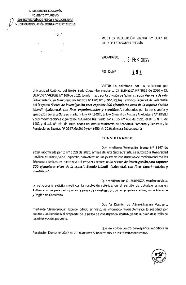 Res. Ex. N° 191-2021 Modifica Resolución Exenta N°3347 de 2019, de esta Subsecretaría.