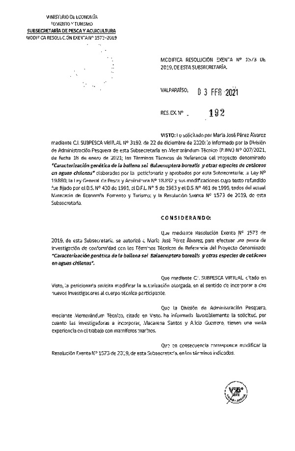 Res. Ex. N° 192-2021 Modifica Resolución Exenta N°1573 de 2019, de esta Subsecretaría.