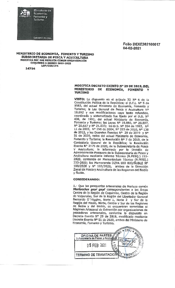 Dec. Ex. Folio 202100017 Modifica Decreto Exento N°29 de 2019, del Ministerio de Economía, Fomento y Turismo. (Publicado en Página Web 05-02-2021)