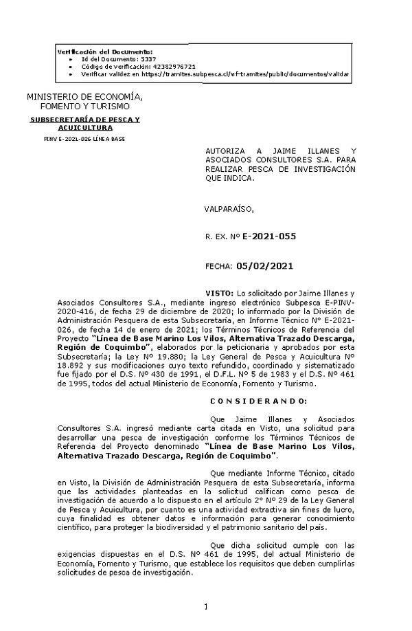 R. EX. N° E-2021-055 Autoriza a Jaime Illanes y Asociados Consultores S.A. para realizar pesca de investigación que indica (Publicado en Página Web 05-02-2021)