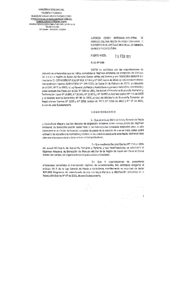 Res. Ex. N° 006-2021 (DZP Región de Aysén) Autoriza cesión Merluza del Sur.