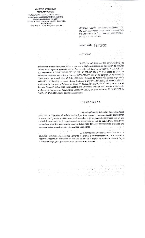 Res. Ex. N° 007-2021 (DZP Región de Aysén) Autoriza cesión Merluza del Sur.